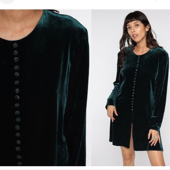 CVTG JBS Velvet Blouse Women 10P Green Long Sleeves Popover Padded High Slit - Picture 1 of 12